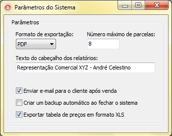 Exemplo de parâmetros do sistema