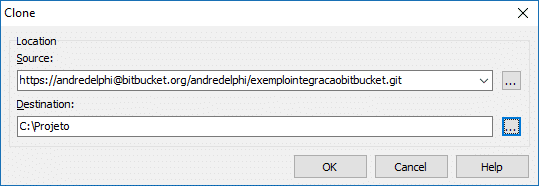 Janela para cópia do repositório do Bitbucket