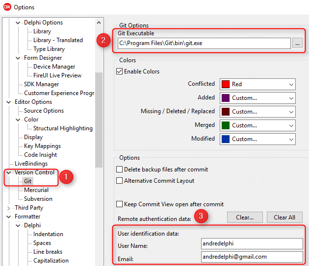 Configuração do Git e credenciais nas opções do Delphi