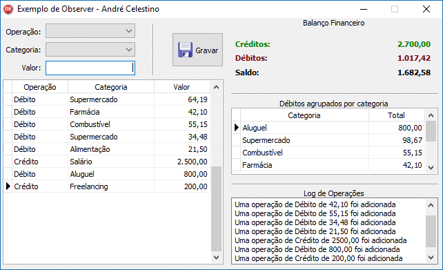 Exemplo de aplicação utilizando o padrão de projeto Observer