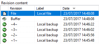Aba History do editor de códigos exibindo os backups do arquivo