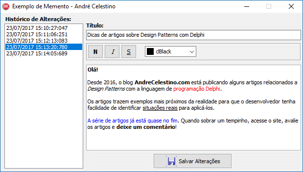Exemplo de editor de textos utilizando o Design Pattern Memento