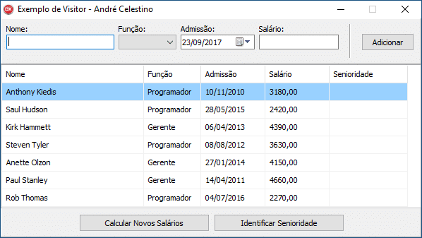 Exemplos de dados de funcionários para demonstração